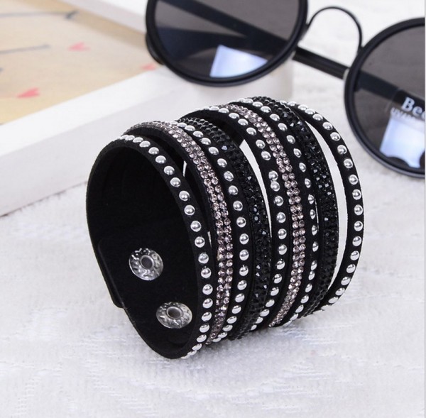Multilayer Leather Wrap Wristband Cuff Punk Crystal Rhinestone Bracelet Bangle