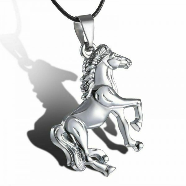 Pferd Halskette in Silber Kühler Edelstahl Anhänger Leder Schmuck Kette Schnur